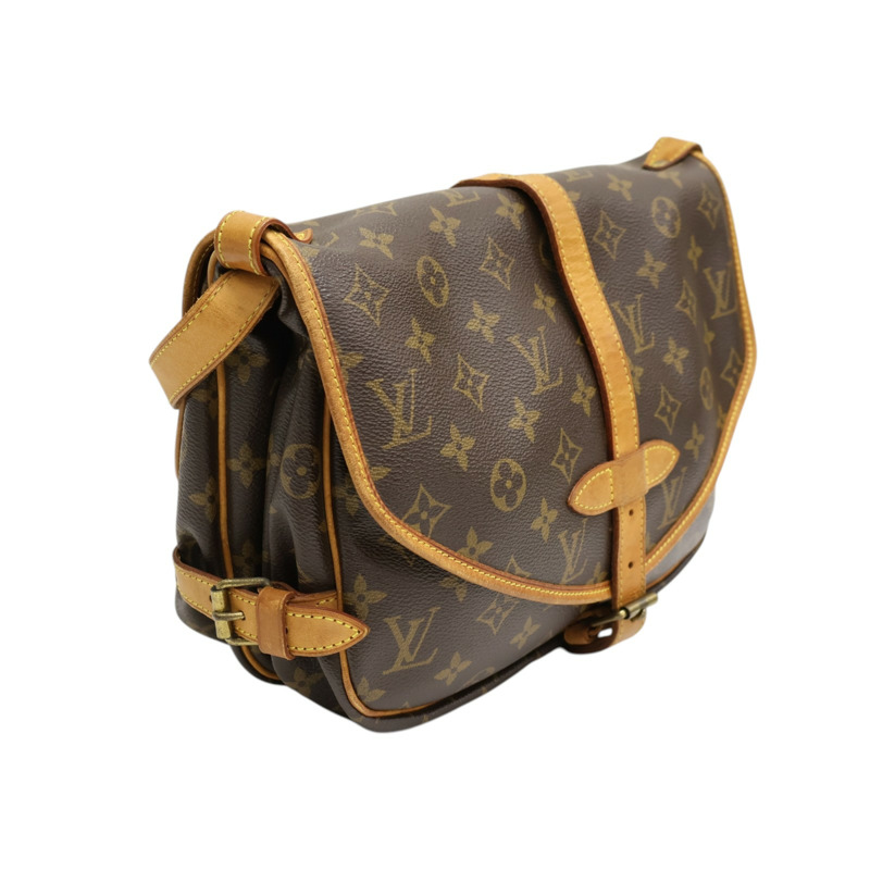 棕色 原花帆布 Saumur 30 肩背包【LOUIS VUITTON LV 路易威登】 M42256-1