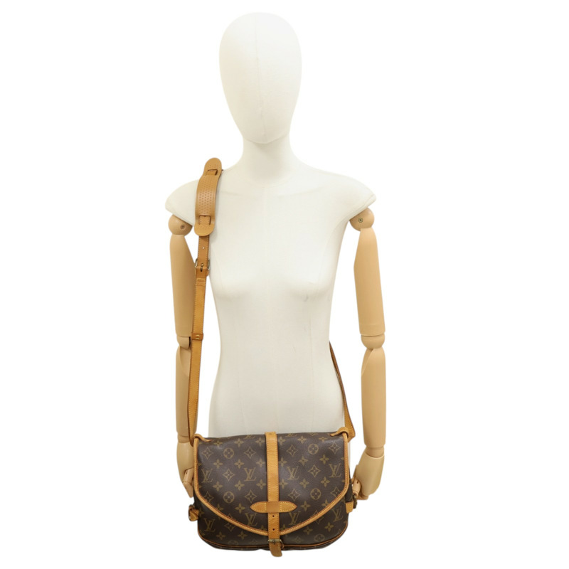 棕色 原花帆布 Saumur 30 肩背包【LOUIS VUITTON LV 路易威登】 M42256-7