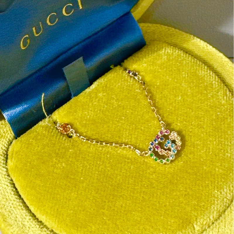 GUCCI古馳雙G 玫瑰金 彩色寶石項鍊-3