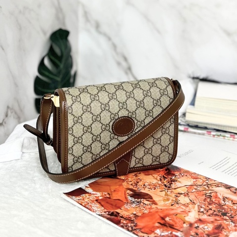 Gucci 雙G Retro系列 Supreme帆布復古馬鞍型肩背斜背包