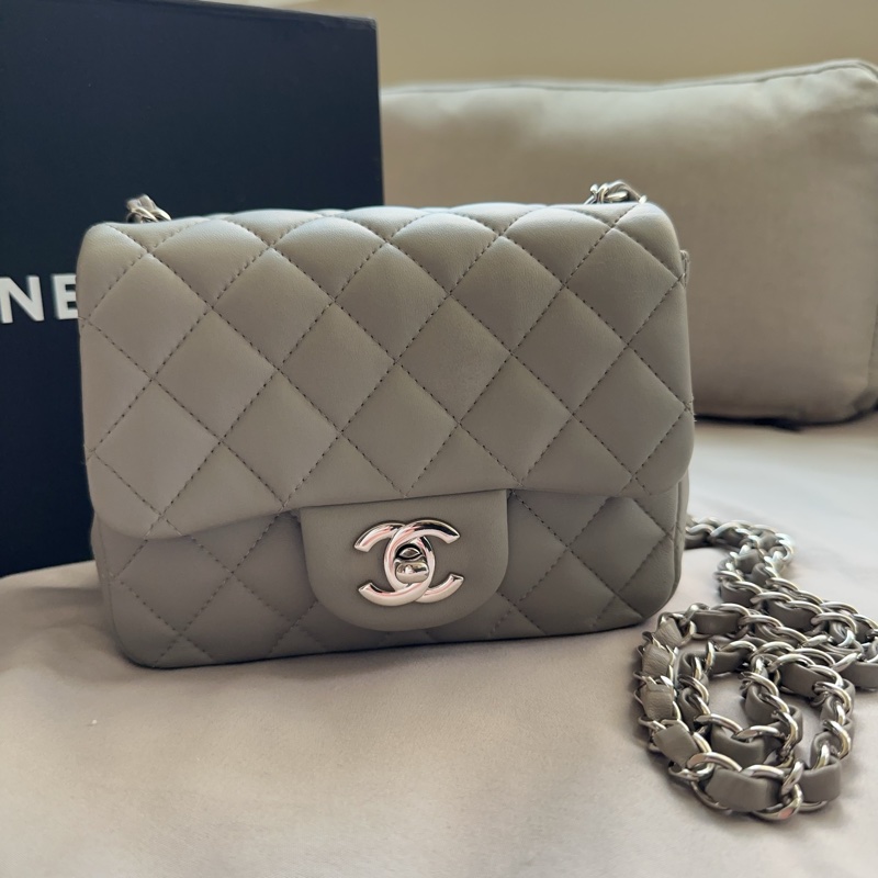 CHANEL 香奈兒方胖子霧面灰銀扣 小羊皮鏈條包 ☁️ 清冷霧灰｜正灰非偏綠灰-1