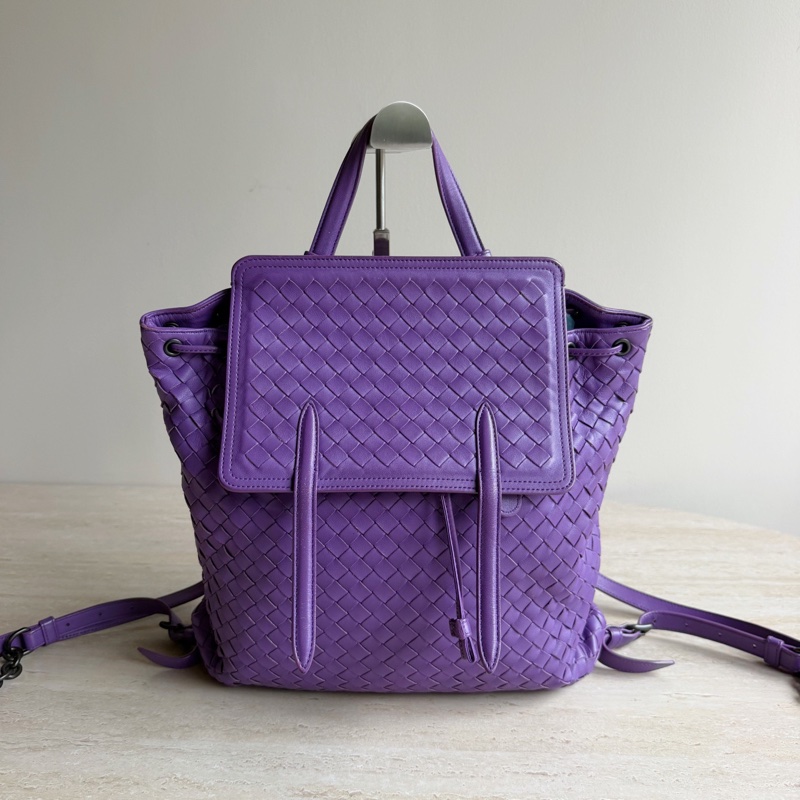 Bottega Veneta 葆蝶家紫色羊皮編織雙肩包 底長33-0