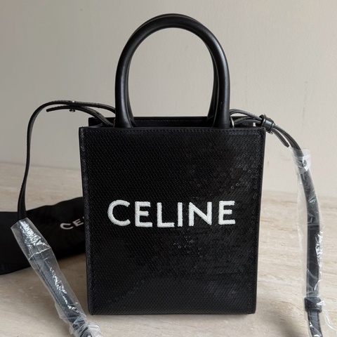 Celine賽琳黑色閃片琴譜手提單肩包 底長17cm