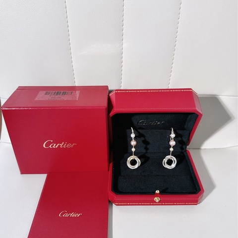 Cartier卡地亞 三色金三環滿鑽珍珠耳環