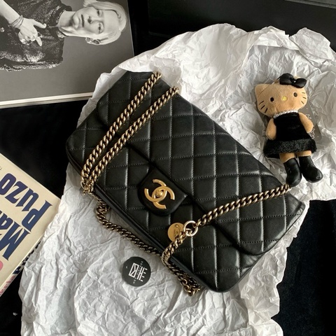 Chanel香奈兒13k黑金CF中號金幣鏈條單肩斜挎包31cm 17開