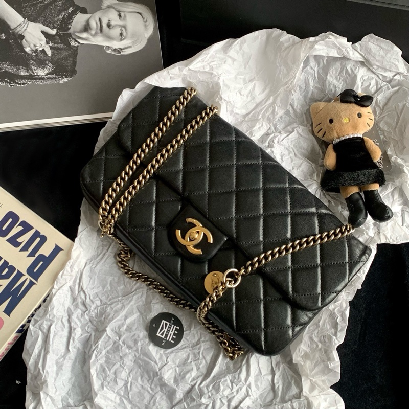 Chanel香奈兒13k黑金CF中號金幣鏈條單肩斜挎包31cm 17開-0