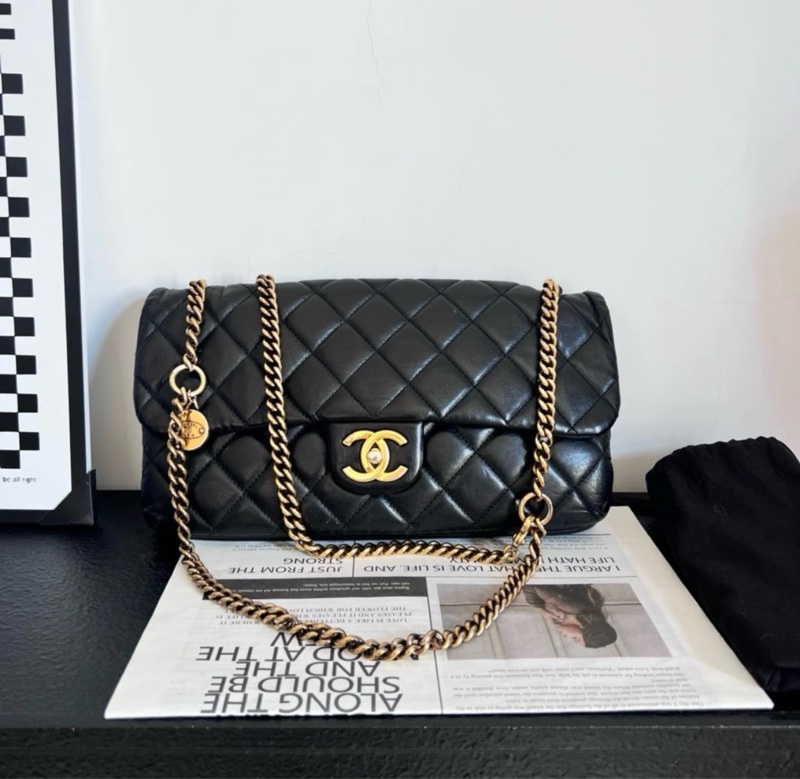 Chanel香奈兒13k黑金CF中號金幣鏈條單肩斜挎包31cm 17開-1
