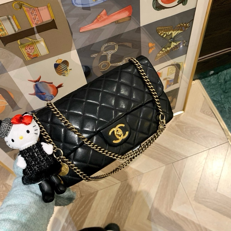 Chanel香奈兒13k黑金CF中號金幣鏈條單肩斜挎包31cm 17開-3