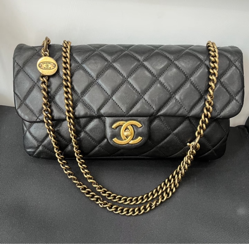 Chanel香奈兒13k黑金CF中號金幣鏈條單肩斜挎包31cm 17開-4