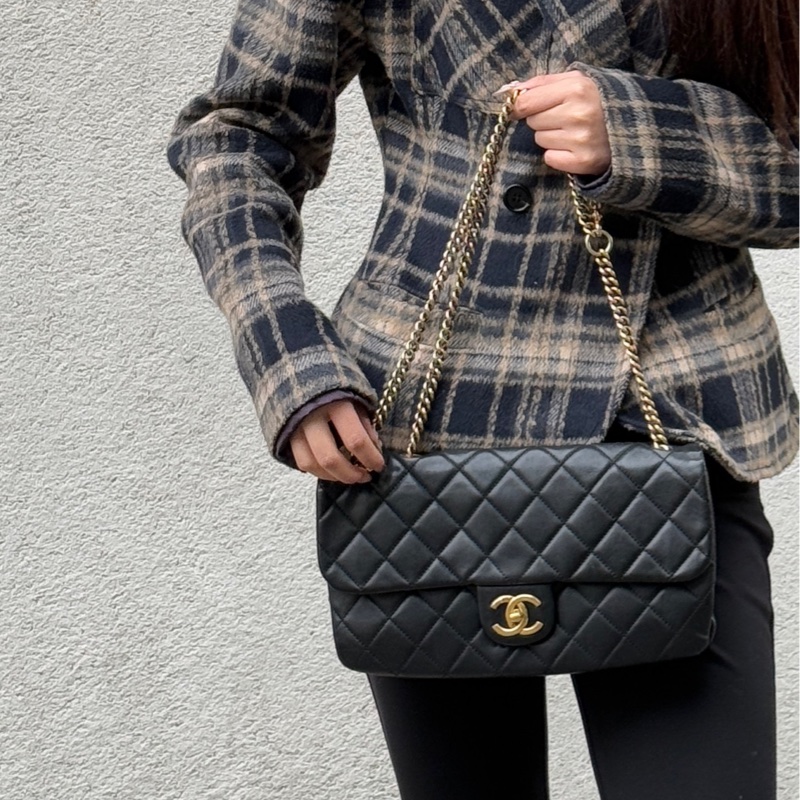 Chanel香奈兒13k黑金CF中號金幣鏈條單肩斜挎包31cm 17開-5