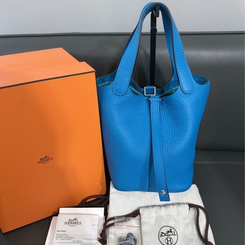 Hermes愛馬仕 Picotin18菜籃子手提包，B3坦桑尼亞藍，銀扣 A刻