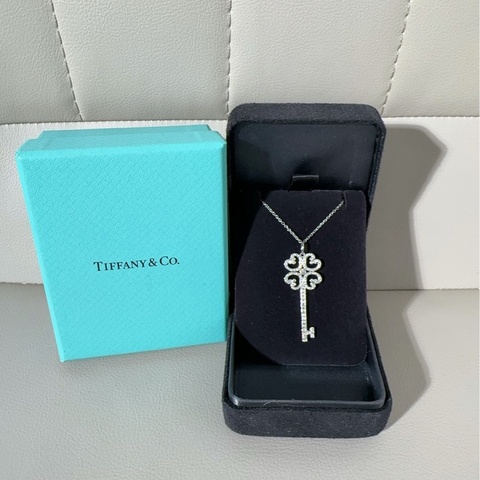 Tiffany蒂芙尼 keys系列 PT950鉑金滿鑽 四葉草愛心鑰匙項鍊