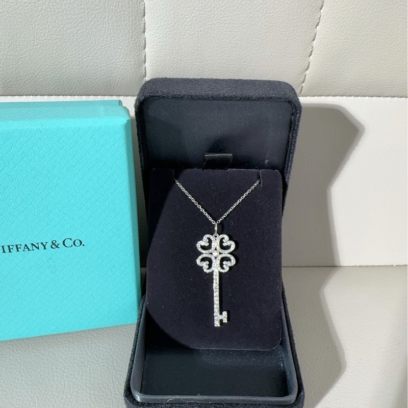 Tiffany蒂芙尼 keys系列 PT950鉑金滿鑽 四葉草愛心鑰匙項鍊-1