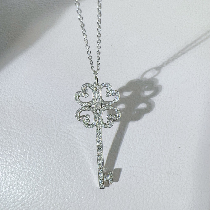 Tiffany蒂芙尼 keys系列 PT950鉑金滿鑽 四葉草愛心鑰匙項鍊-5