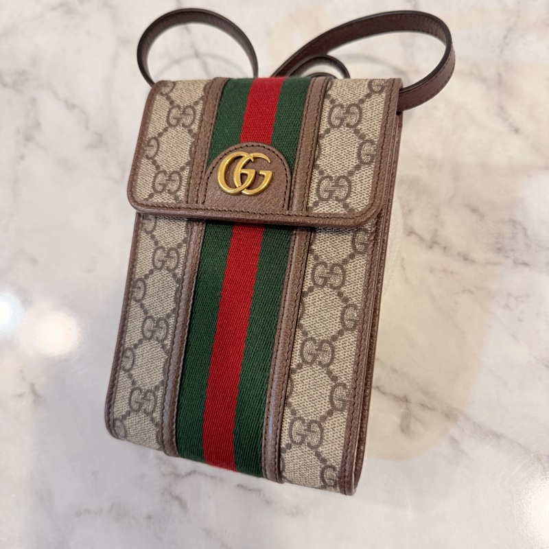 Gucci pvc 咖牛皮金釦ophidia 斜背包-3