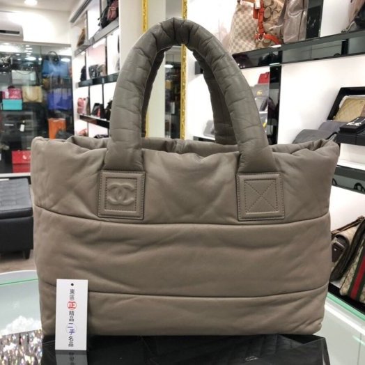 東區正精品㊣ CHANEL COCO COCOON 香奈兒全皮大象灰+酒紅色空氣包 RZ0102-0