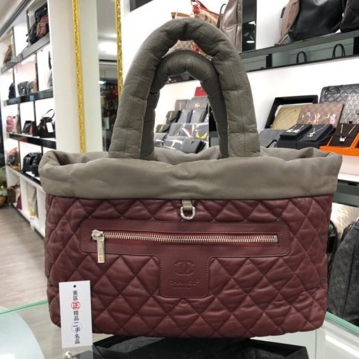 東區正精品㊣ CHANEL COCO COCOON 香奈兒全皮大象灰+酒紅色空氣包 RZ0102-8