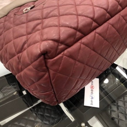 東區正精品㊣ CHANEL COCO COCOON 香奈兒全皮大象灰+酒紅色空氣包 RZ0102-13