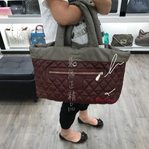 東區正精品㊣ CHANEL COCO COCOON 香奈兒全皮大象灰+酒紅色空氣包 RZ0102-14