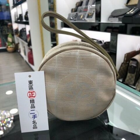 東區正精品㊣ CHANEL Travel line 香奈兒 奶茶色 緹花布 圓形零錢包 萬用包 RZ0132