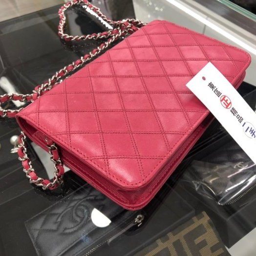 東區正精品㊣CHANEL WOC 香奈兒 桃紅色牛皮銀釦銀鍊肩背手拿斜背包發財包 RZ0157-7