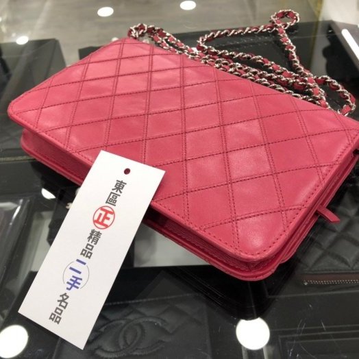 東區正精品㊣CHANEL WOC 香奈兒 桃紅色牛皮銀釦銀鍊肩背手拿斜背包發財包 RZ0157-8