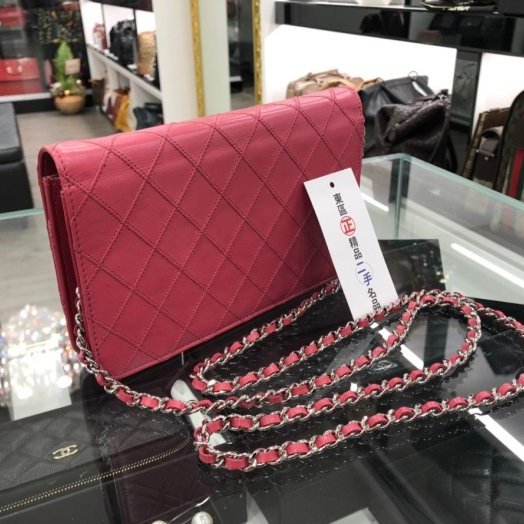 東區正精品㊣CHANEL WOC 香奈兒 桃紅色牛皮銀釦銀鍊肩背手拿斜背包發財包 RZ0157-9