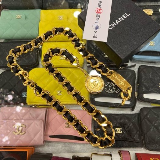 東區正精品㊣CHANEL 香奈兒金色皮穿鍊金幣圓牌腰鍊帶腰鍊 RZ4406-0