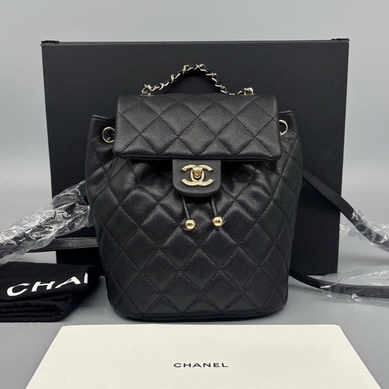 99新Chanel 香奈兒 黑金荔枝紋牛皮雙肩包 銅牌芯片-0