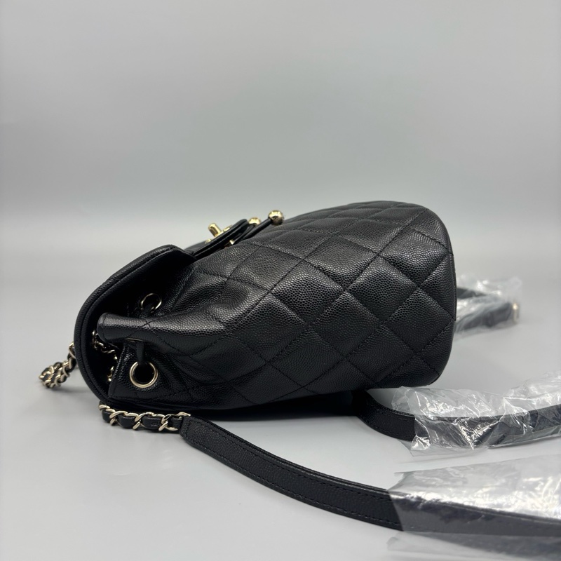 99新Chanel 香奈兒 黑金荔枝紋牛皮雙肩包 銅牌芯片-3