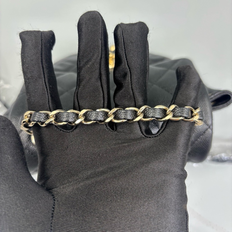 99新Chanel 香奈兒 黑金荔枝紋牛皮雙肩包 銅牌芯片-5