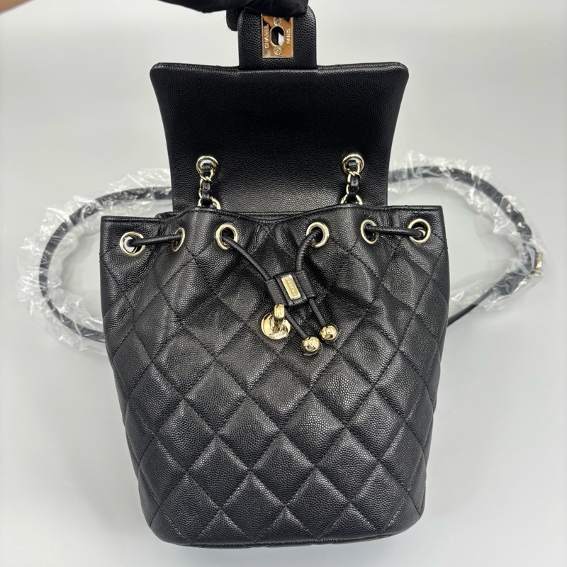 99新Chanel 香奈兒 黑金荔枝紋牛皮雙肩包 銅牌芯片-7
