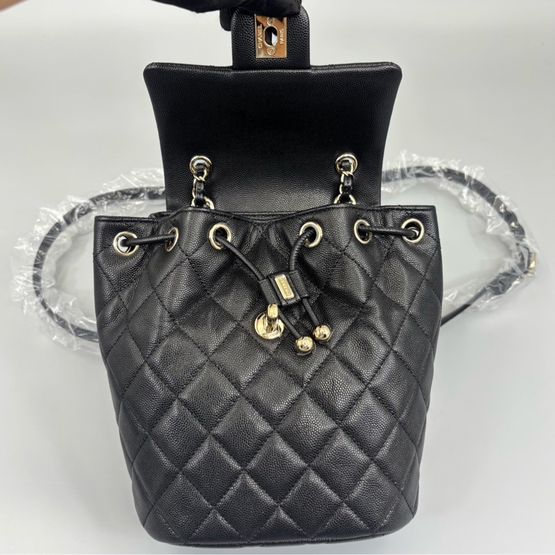 99新Chanel 香奈兒 黑金荔枝紋牛皮雙肩包 銅牌芯片-9