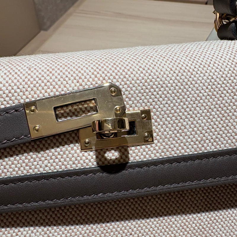 【98新珍稀天菜】Hermès Kelly 25 外縫 經典米白帆布拼接深棕皮-2