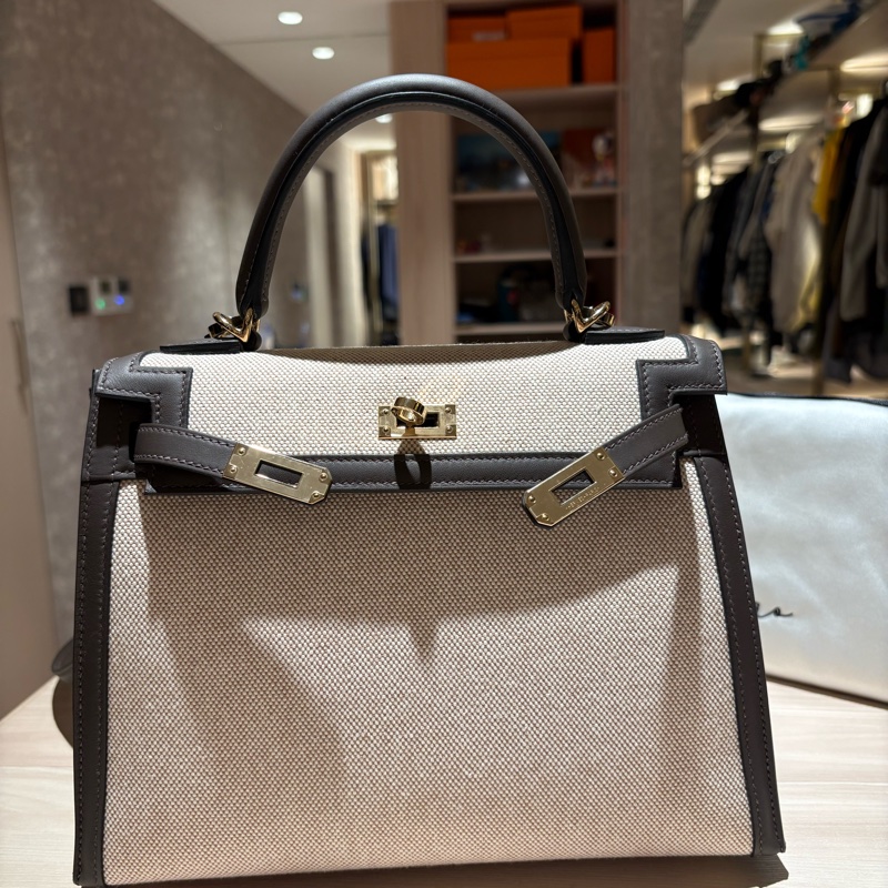 【98新珍稀天菜】Hermès Kelly 25 外縫 經典米白帆布拼接深棕皮-7
