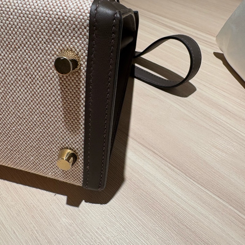 【98新珍稀天菜】Hermès Kelly 25 外縫 經典米白帆布拼接深棕皮-9