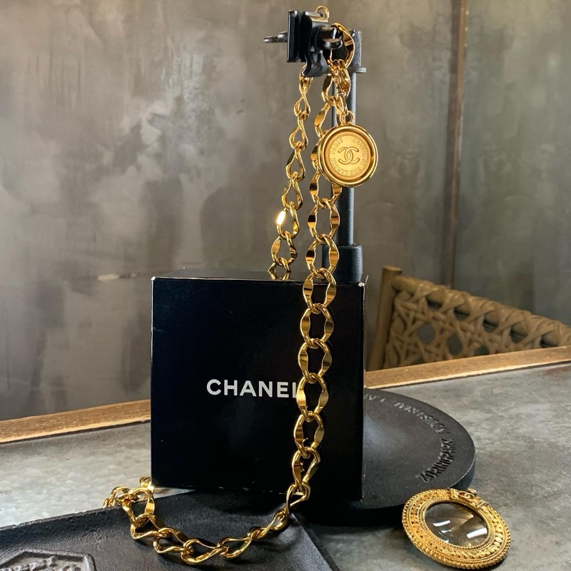 中古金幣獎章型品牌項鍊/腰鏈  1980’s Chanel Vintage Medallion Gold Chain Belt/Necklace-0