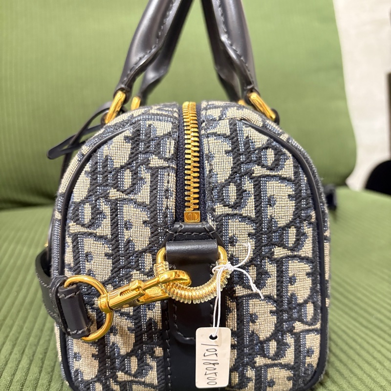 9.9新DIOR 藍色帆布老花提花波士頓包單肩包斜挎包手提包 金色五金 可拆卸肩帶 24年編碼❤️正品-3