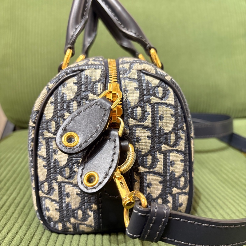9.9新DIOR 藍色帆布老花提花波士頓包單肩包斜挎包手提包 金色五金 可拆卸肩帶 24年編碼❤️正品-4