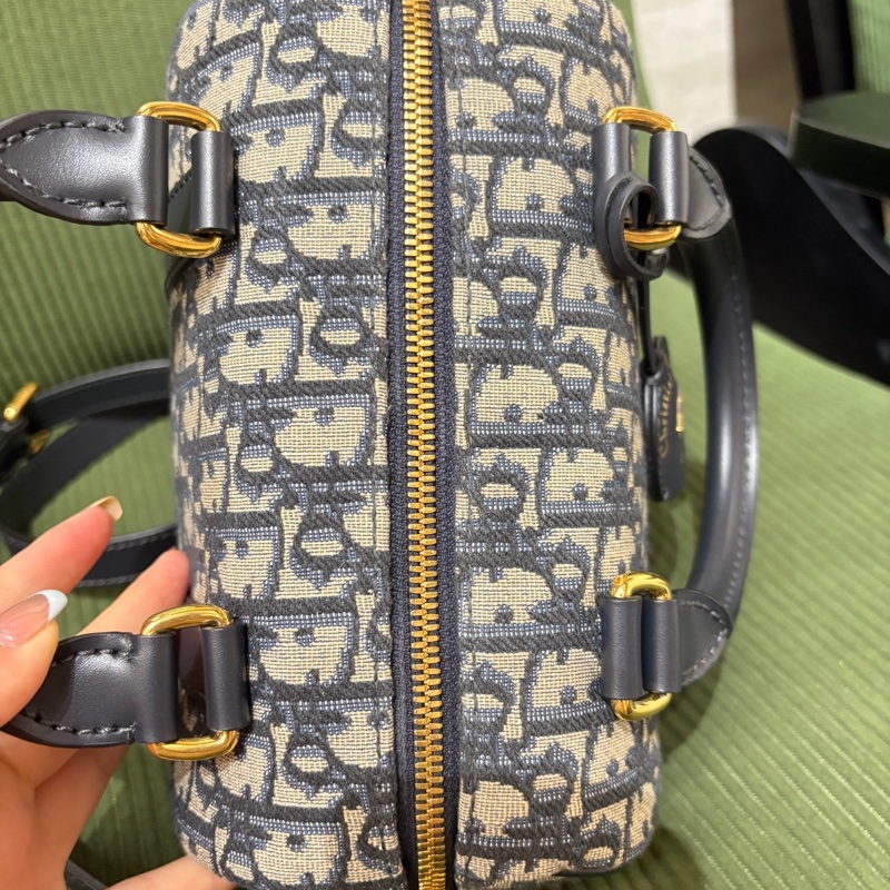 9.9新DIOR 藍色帆布老花提花波士頓包單肩包斜挎包手提包 金色五金 可拆卸肩帶 24年編碼❤️正品-7