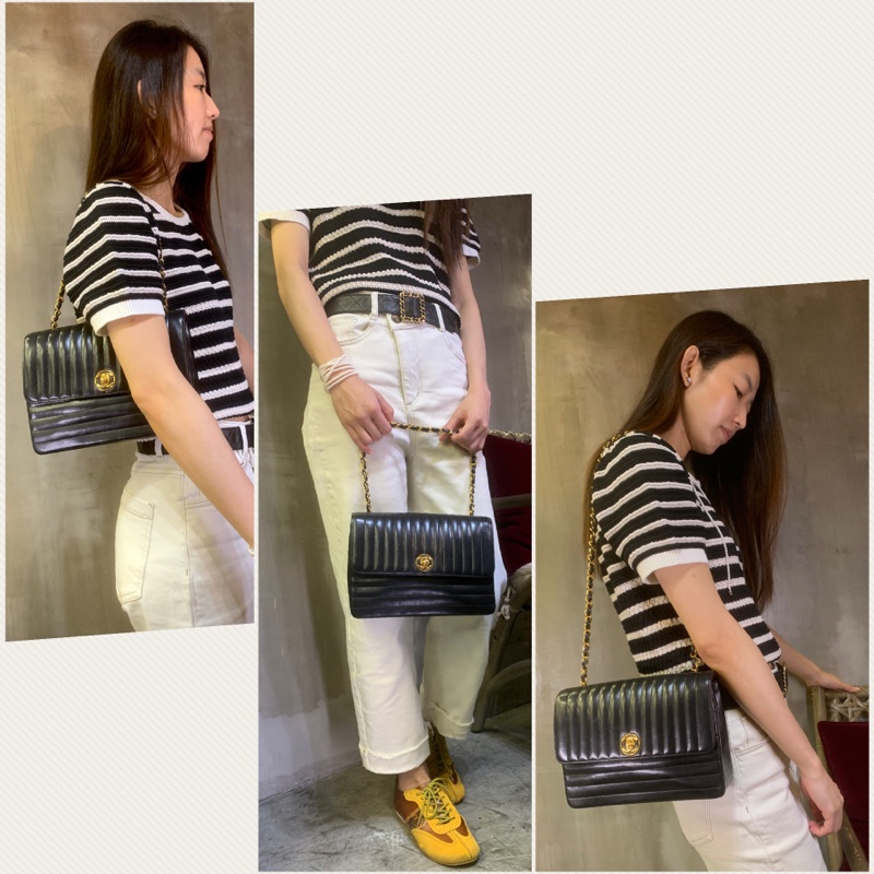 香奈兒中古黑色羊皮經典CC標誌單肩包 Chanel Vintage 23cm Flap Bag In Black Lambskin With 24k CC Logo TurnLock-6