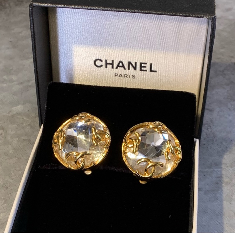 Chanel Vintage CC Round Clip-on Earrings With Crystals 中古香奈兒CC圓金大水晶耳夾-0