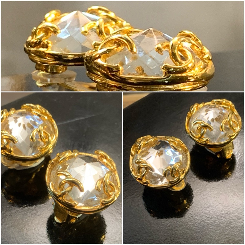 Chanel Vintage CC Round Clip-on Earrings With Crystals 中古香奈兒CC圓金大水晶耳夾-2
