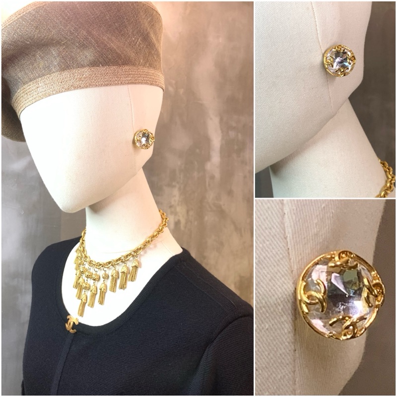 Chanel Vintage CC Round Clip-on Earrings With Crystals 中古香奈兒CC圓金大水晶耳夾-6