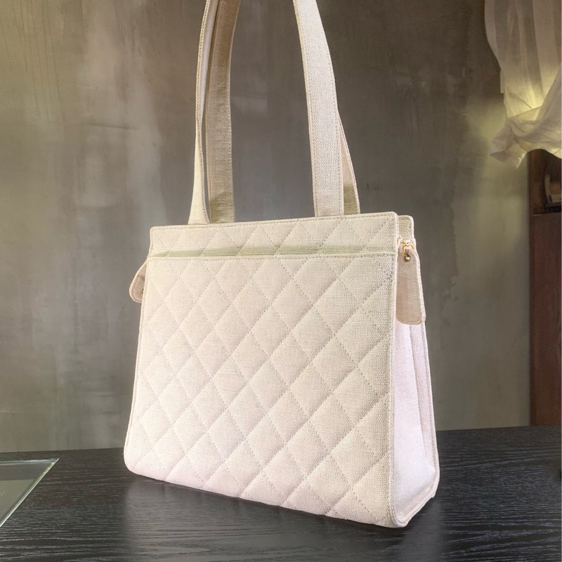 香奈兒中古麻質菱格紋單肩包 Chanel Vintage Linen Diamond Quilted  Tote Bag With CC Logo In Beige-1