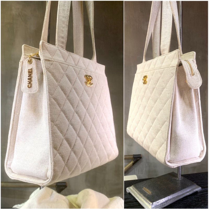 香奈兒中古麻質菱格紋單肩包 Chanel Vintage Linen Diamond Quilted  Tote Bag With CC Logo In Beige-2