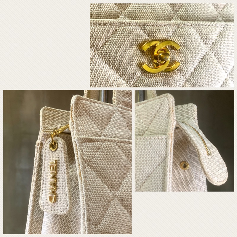 香奈兒中古麻質菱格紋單肩包 Chanel Vintage Linen Diamond Quilted  Tote Bag With CC Logo In Beige-5