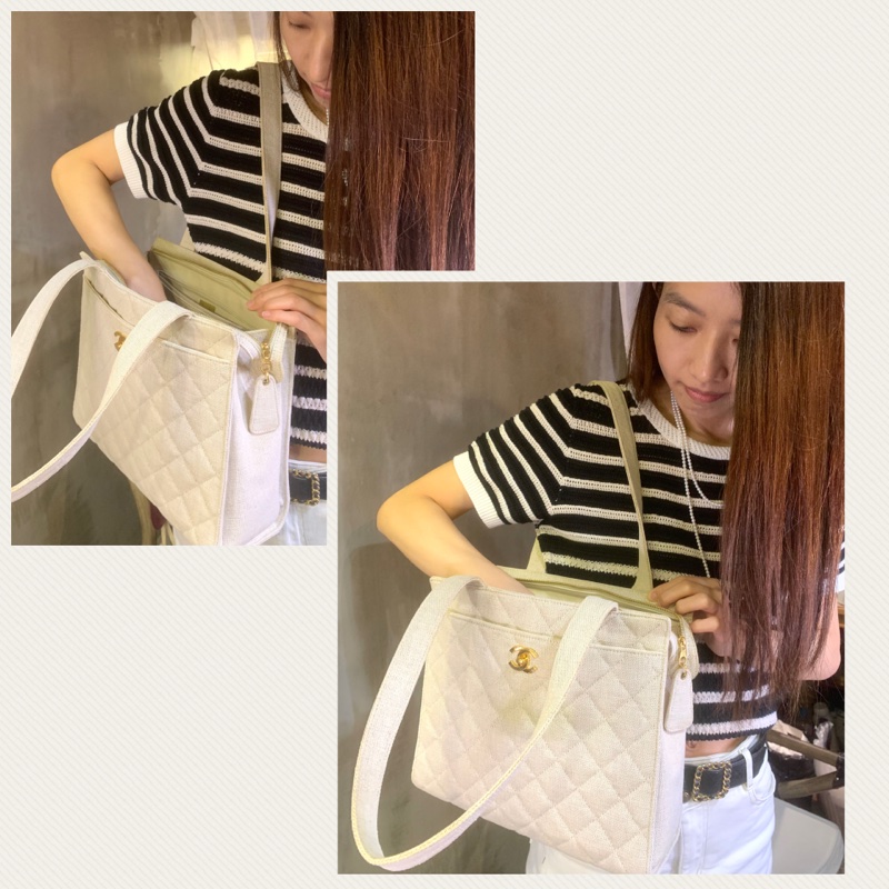 香奈兒中古麻質菱格紋單肩包 Chanel Vintage Linen Diamond Quilted  Tote Bag With CC Logo In Beige-7