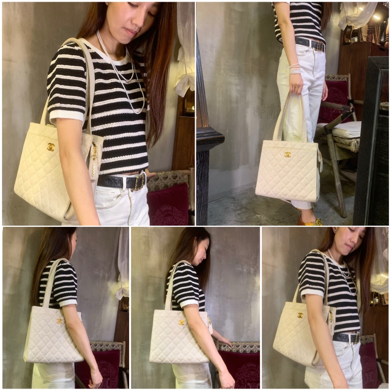 香奈兒中古麻質菱格紋單肩包 Chanel Vintage Linen Diamond Quilted  Tote Bag With CC Logo In Beige-8
