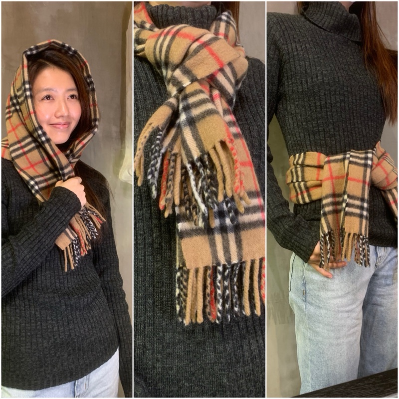 卡其純羊絨格仔圍巾 Burberrys 100% Pure Cashmere Scarf In Beige-2